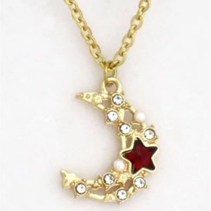 “Red Star in Crescent Moon” Tiny Pearl & Crystal Encrusted Gold Steel Necklace